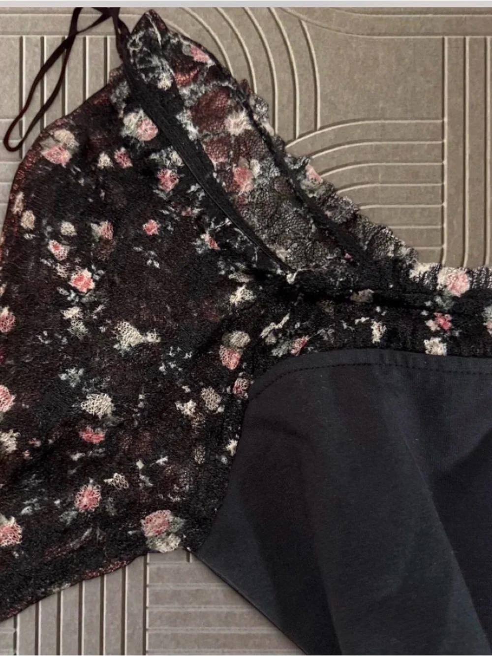 Free People Black Floral Mesh Long Sleeve Square Neck Top